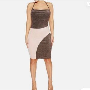 Naked Wardrobe Shimmering Halter Midi Dress in Brown and Pink